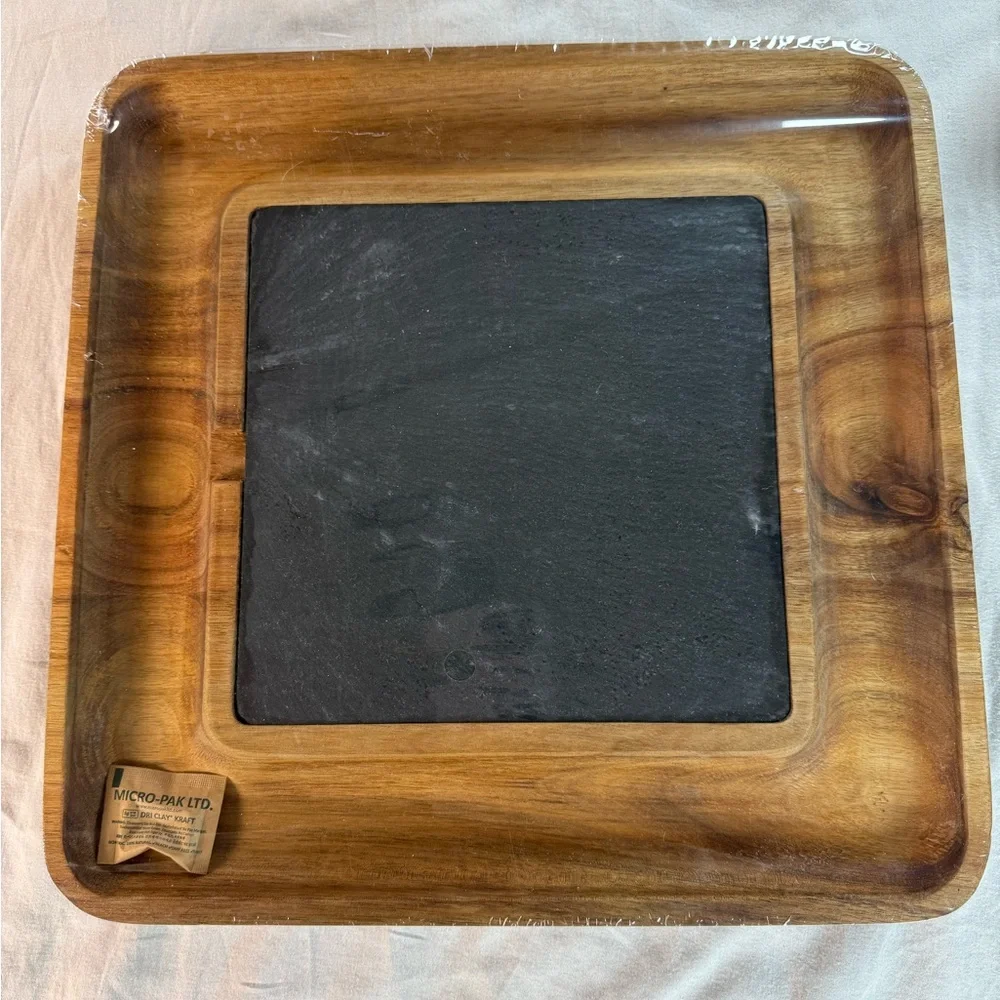 Crate&Barrel Slate & Wood Square Serving Tray 13.5 in BNIB